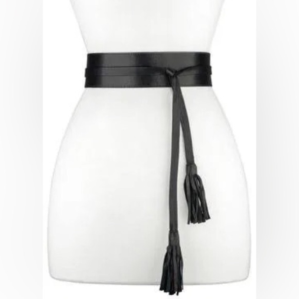 RAINA BRONCO LEATHER WRAP BELT WITH TASSELS BLACK OS NWT